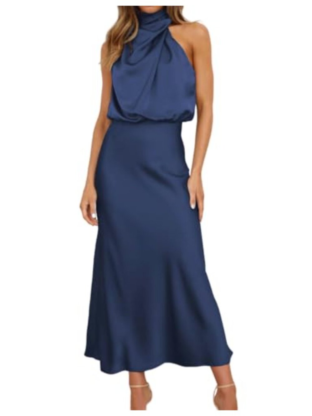 Satin Sleeveless Maxi Dress Mock Neck Ruffle Cocktail Wedding Guest